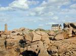 Castel Homens Ruz farol e Ploumanach, Brittany, França.