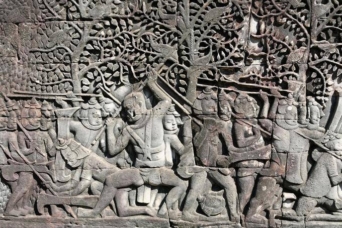 Detalhe Warrior (baixo relevo) Bayon Angkor Thom, Angkor, Camboja