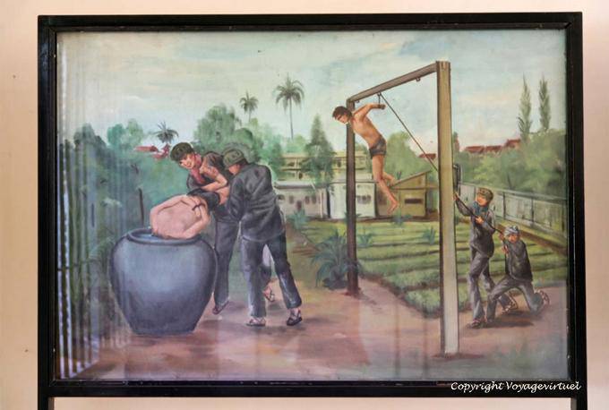 Tortura para abafar o prisioneiro em um tanque de água suja, pintar Vann Nath, S-21, Phnom Penh - Camboja