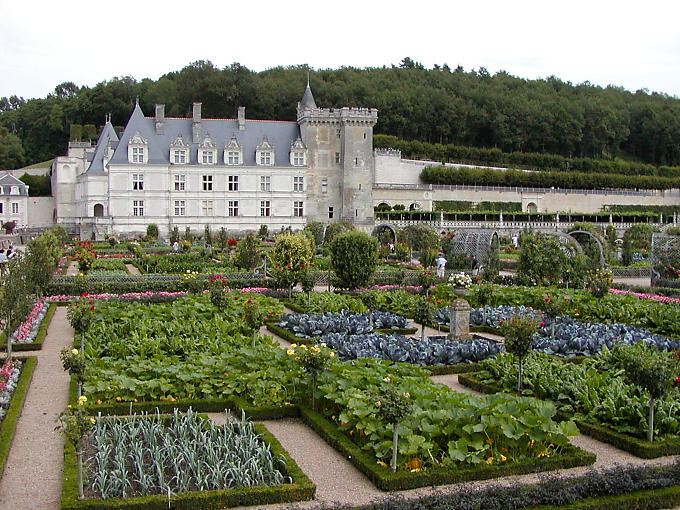 Vista do jardim da frente, Château de Villandry, França.