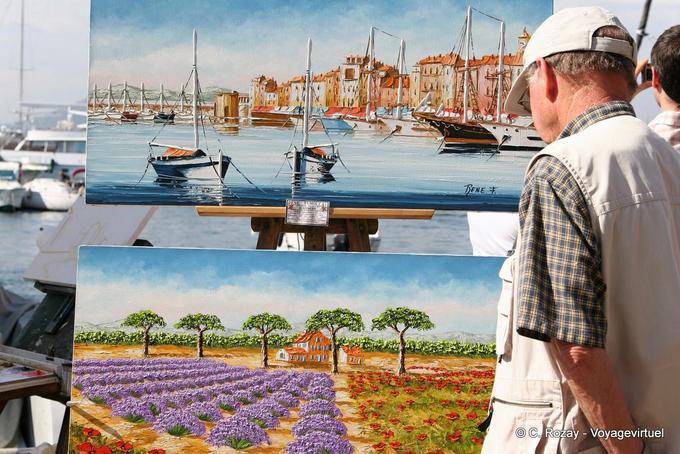 Saint-Tropez, exposição de pinturas na porta, Provença, França