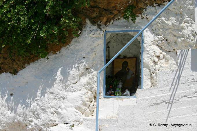 Ícone na parede de monatère dedicada à morte da Virgem Maria (Kimisis de Theotockos) Panagia Chryssoskalitissa - Creta, Grécia