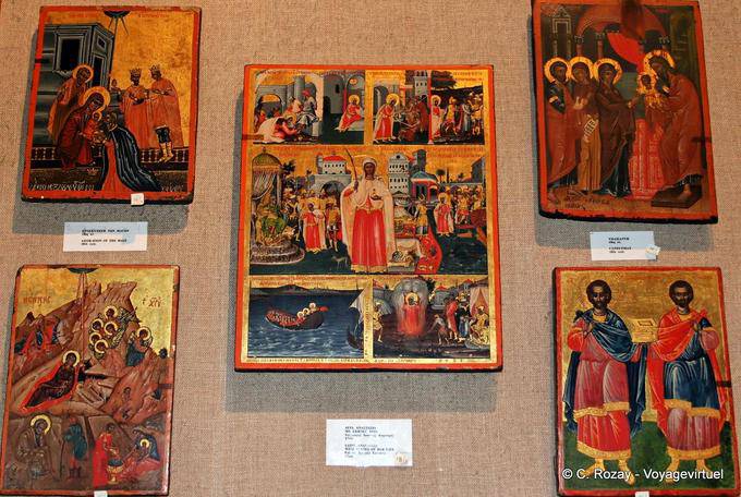 Ícone do grupo Cornaros pintor Ioannis (St. Anastasia, Candelária, Adoração dos Magos) Toplou Mosteiro - Creta, Grécia