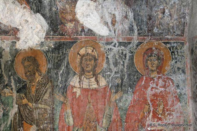 Fragmento de fresco na igreja de Agios Paraskevi (sexta-feira) para Voutas, na estrada para Lagkadas (Paleochora) - Creta, Grécia