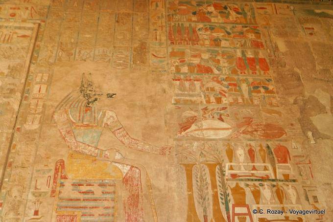 Anubis fresco antes de uma mesa de oferendas, Templo de Hatshepsut - Egipto