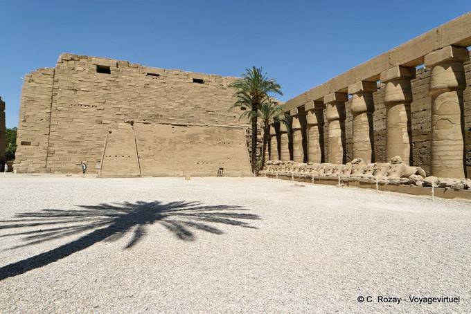 Sombra de palma no pátio de frente para o segundo poste, templo de Karnak - Egipto
