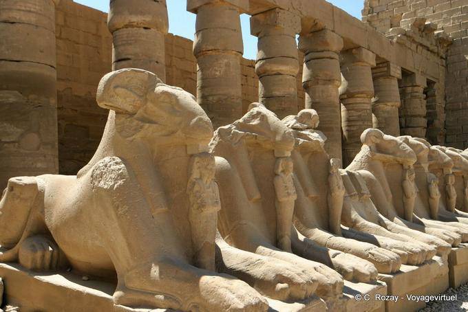 Fila de esfinge Bubastites pórtico do primeiro pátio, templo de Karnak - Egipto