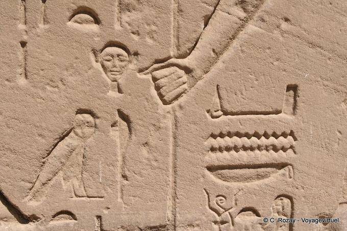 Feche acima do detalhe de um relevo, cabeça, coruja e entregá templo de Karnak - Egipto