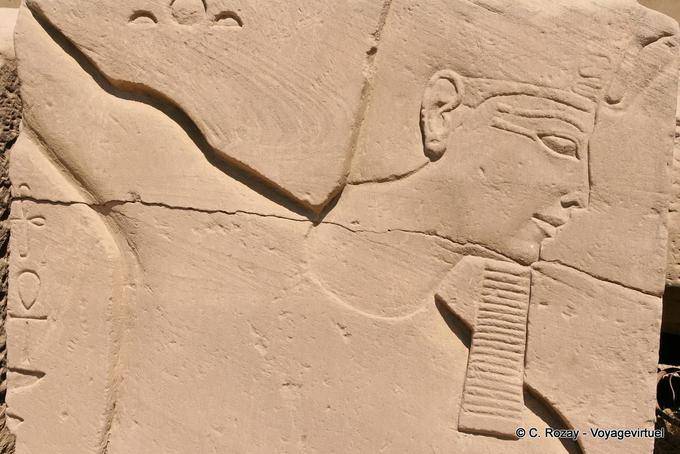 Perfil Faraó com barba falsa e coroa Deshret, Karnak - Egipto