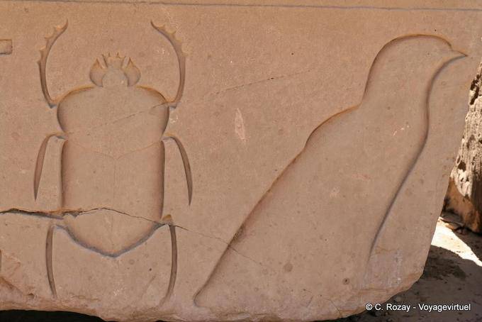 Beetle e pássaro, alívio recesso, templo de Karnak - Egipto