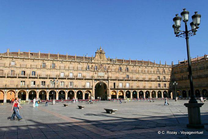 Salamanca, vista panorâmica da fachada, Plaza Mayor - Espanha