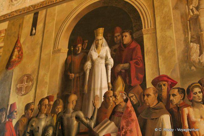 Fresco representando a coroação da Rainha Isabel, a Católica, o trabalho de Carlos Muñoz de Pablos, Prefeitura da galera, Alcazar, Segovia - Espanha