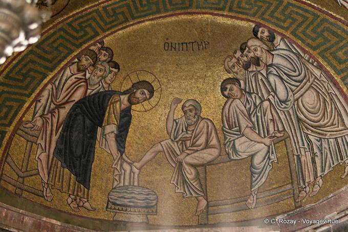 Jesus lava os pés, Mosaicos, Ossios Loukas Mosteiro - Grécia