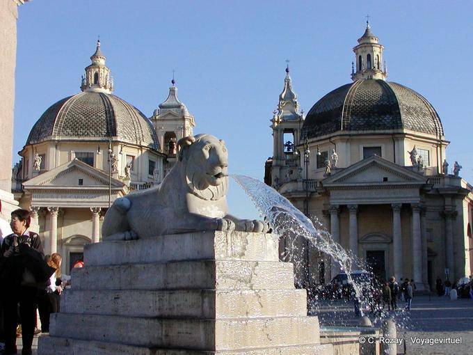 Fonte do leão na frente das cúpulas da Santa Maria em Montesanto e Santa Maria dos Milagres, Piazza del Popolo, Roma - Italia