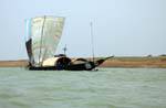 Pinasse à voile déployée entre Mopti et Tombouctou, Mali.