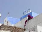 Azul-branco, terraço Asilah, Marrocos.