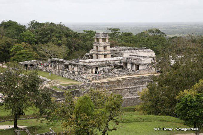 O palácio e da torre do observatório, Panorama, Palenque - México