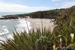 Opinião da praia de um promontório costeiro Paparoa Parque, Truman Track, Westcoast, Nova Zelândia.