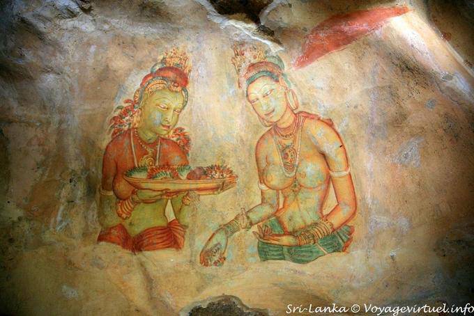 Fresco de Sigiriya, cortesã e empregada doméstica com frutas prato - Ceilão Sri Lanca