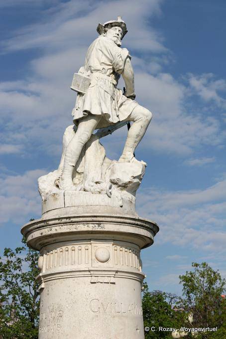 Vista frontal William Tell estátua em Montbenon, Lausanne - A Suíça