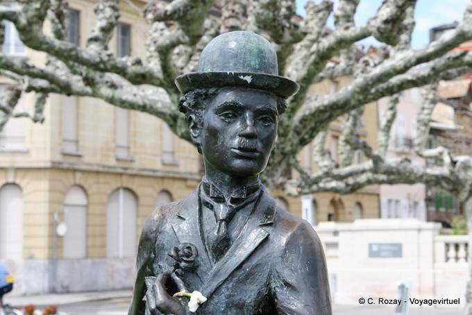 Charlie Chaplin e estátua rosa cais Perdonnet, Vevey - A Suíça