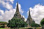 Chedis frente do Frangipani, Ayutthaya, Wat Phra Sri Samp, Tailândia.