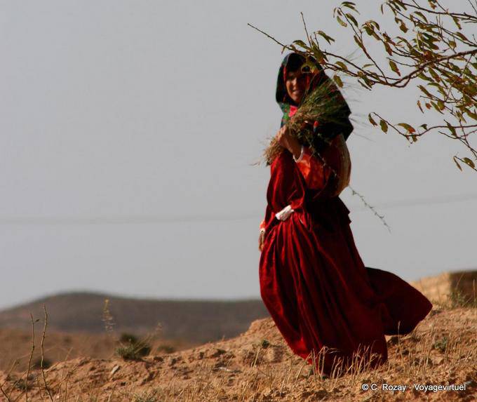 O tradicional vestido bonito no campo, mulher Toujane - Tunísia